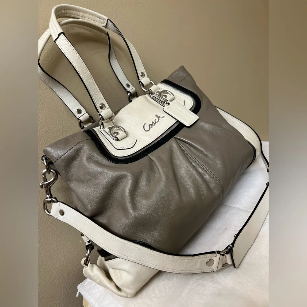 Coach Ashley Taupe and Cream Leather Shoulder Bag - Picture 9 of 14